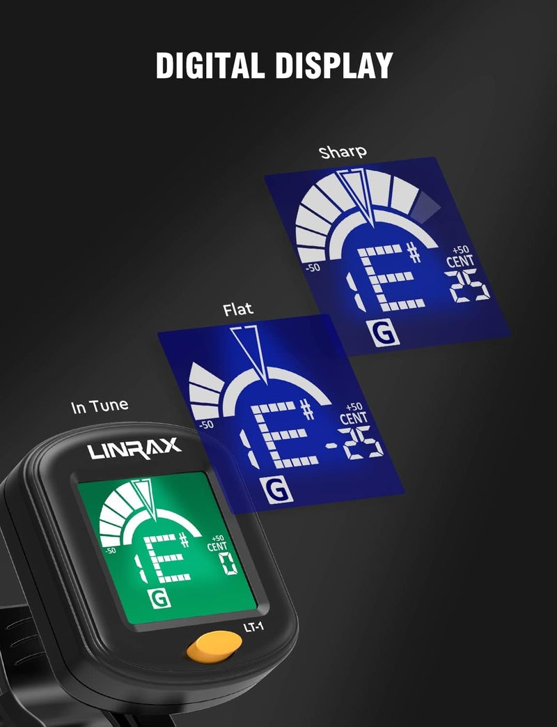 LINRAX LT-1 Guitar Tuner, Clip On Tuner for Guitar Bass Ukulele Violin Viola Banjo Mandolin, Chromatic Tuner with 360° LCD Display, Digital Tuner for Stringed Instruments, Guitar Accessories, Black - Image 3
